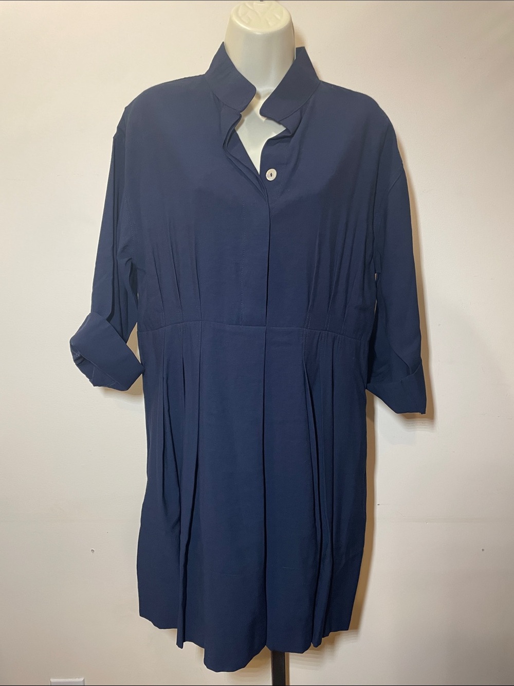 Pomander Place Navy Mandarin Collar Long-Sleeve Shirt Dress
